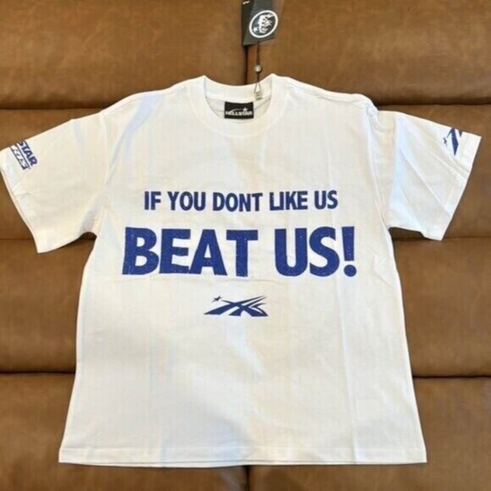Hellstar Beat Us! Classic Logo T-Shirt White / Blue Mens Size Large